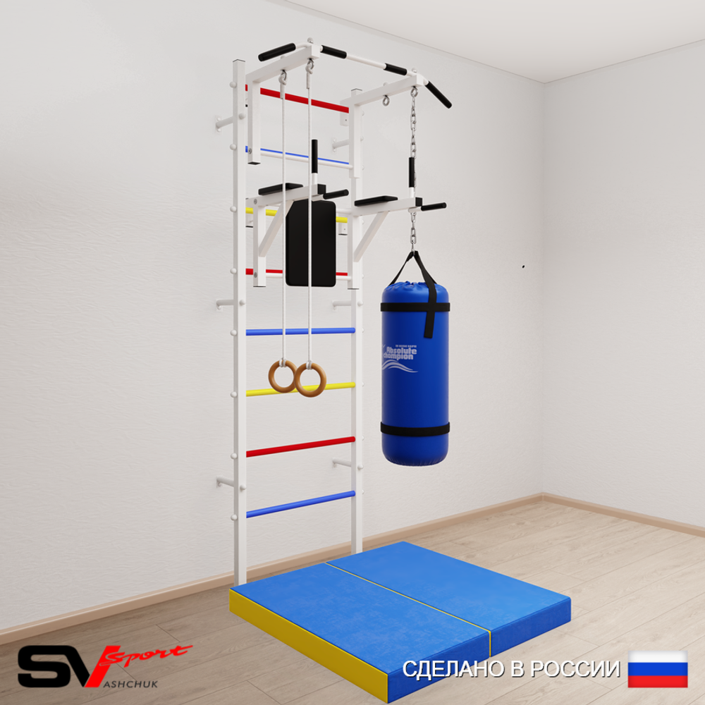 Шведская стенка Sv Sport усиленная 6716 (Турник стандарт/Брусья/Кольца/Цепь/Мешок 22кг/Мат 1м)