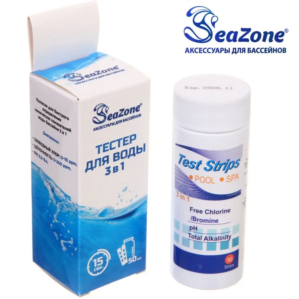 Тестер для воды 3 в 1 TP301: свободный хлор,кислотность (pH), бром, 50 шт., Seazone