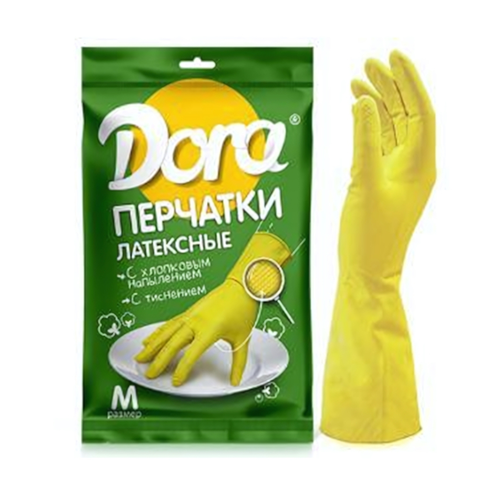 Перчатки латексные Dora с хлопковым напылением "Универсальные" Цвет перчатки: Желтый, Размер M