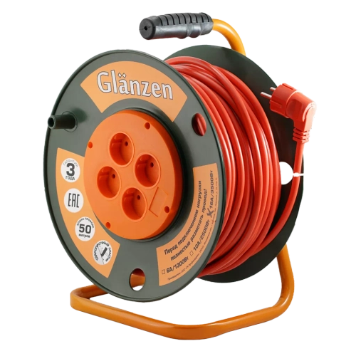 Удлинитель силовой на катушке GLANZEN 4 гн. ПВС 2х2,5 арт. EB-50-008