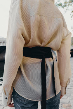 ZARA РУБАШКА В ПОЛОСКУ С ПОЯСОМ ZW COLLECTION, ЧЕРНЫЙ/ЭКРЮ