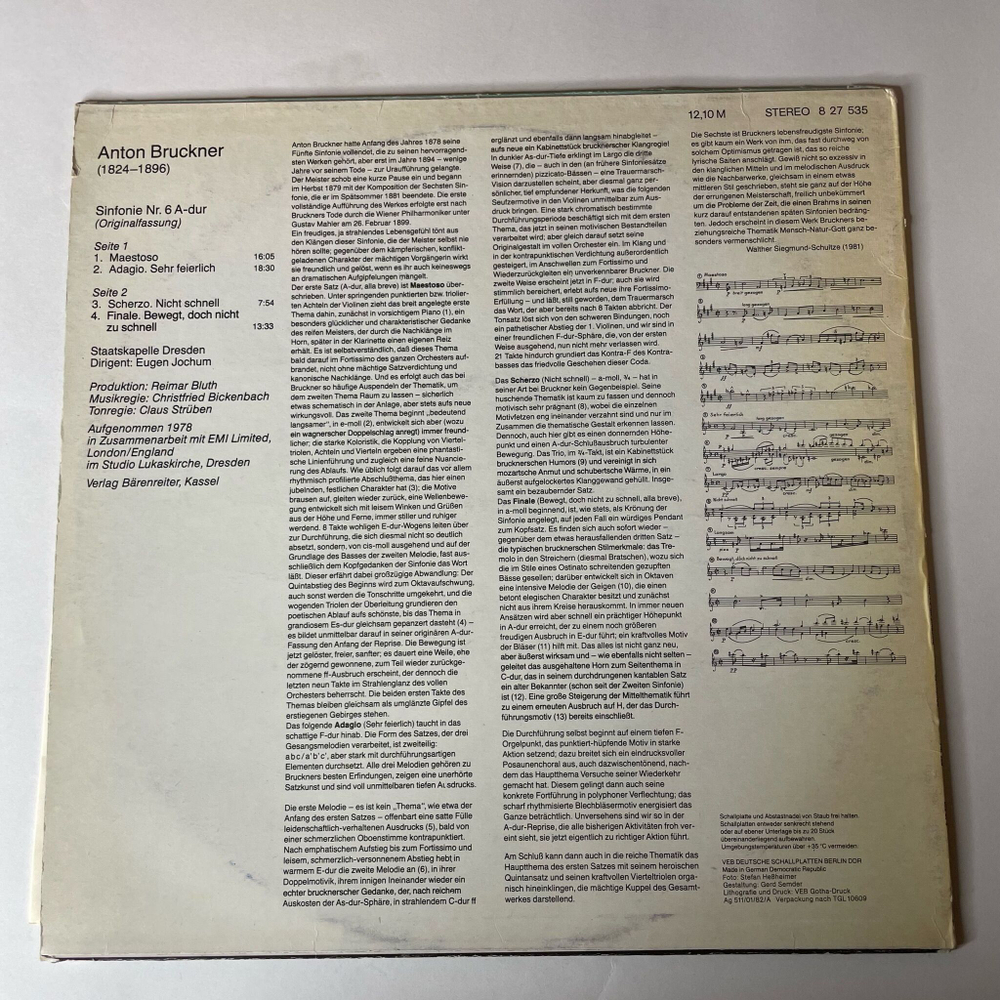 Винтажная виниловая пластинка LP A. Bruckner Брукнер, Staatskapelle Dresden, Eugen Jochum, Симфония Sinfonie Nr. 6 A dur (ГДР 1984)