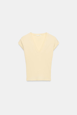 ZARA ФУТБОЛКА С V-ОБРАЗНЫМ ВЫРЕЗОМ, ЖЕЛТЫЙ