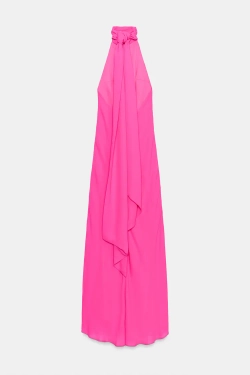 ZARA ДЛИННОЕ ПЛАТЬЕ-ХАЛТЕР С ЗАВЯЗКАМИ, НЕОНОВЫЙ РОЗОВЫЙ