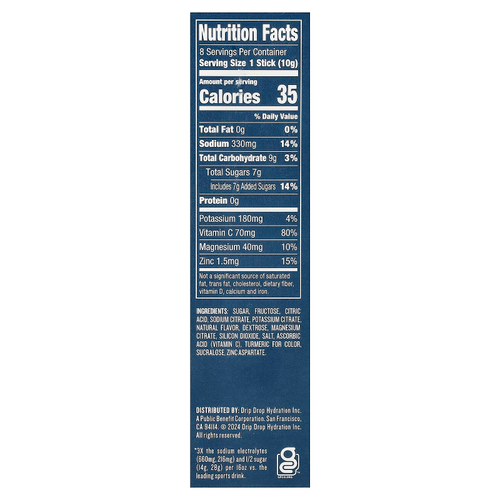 DripDrop, Electrolyte Drink Mix, Lemon Lime, 8 Sticks, 0.35 oz (10 g) Each