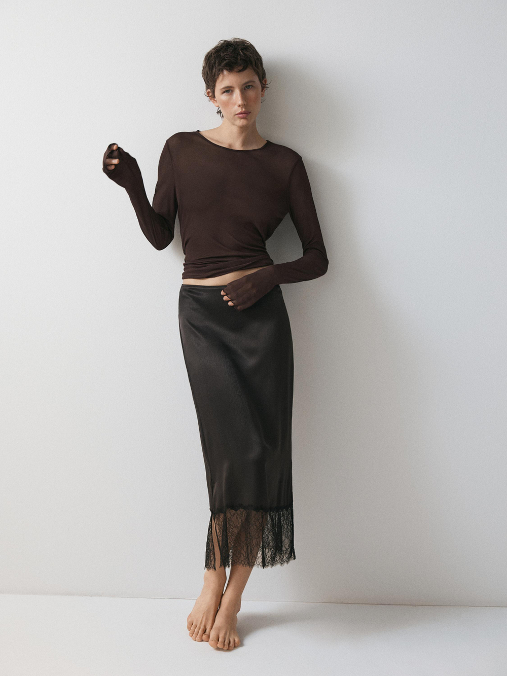 Massimo Dutti Шелковая футболка с длинными рукавами, коричневый