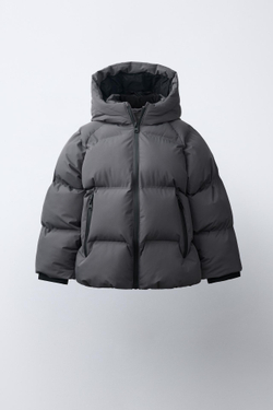 ZARA СТЕГАНОЕ ПАЛЬТО WATER REPELLENT С КАПЮШОНОМ, АНТРАЦИТОВО-СЕРЫЙ