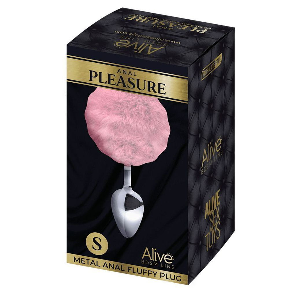 Серебристая анальная втулка с розовым хвостиком Alive Metal Anal Fluffly Plug S (Цвет: розовый)