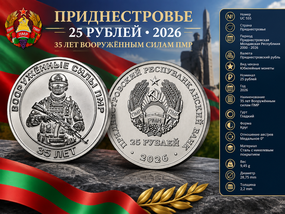 Приднестровье 25 рублей, 2026 35 лет Вооружённым силам ПМР
