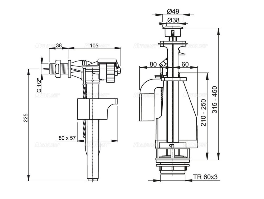 Выпускной комплект SA08AS 1/2" CHROM с двойной кнопкой, нижней пластмассовой подводкой