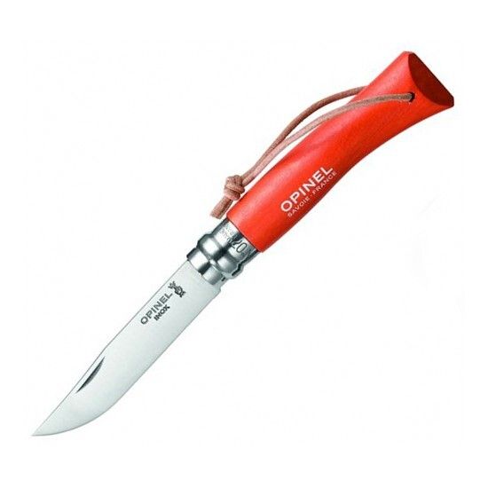 Складной нож Opinel №8 Trekking, нержавеющая сталь, кожаный темляк, красный c клинком из стали Sandvik™ 12С27