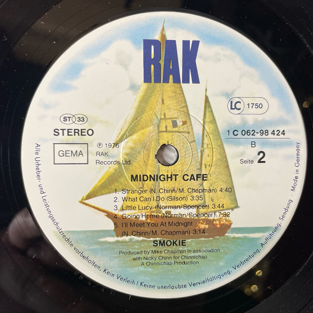 Винтажная виниловая пластинка LP Smokie, Смоуки, Smokey Midnight Caf (Германия 1976) I'll Meet You At Midnight