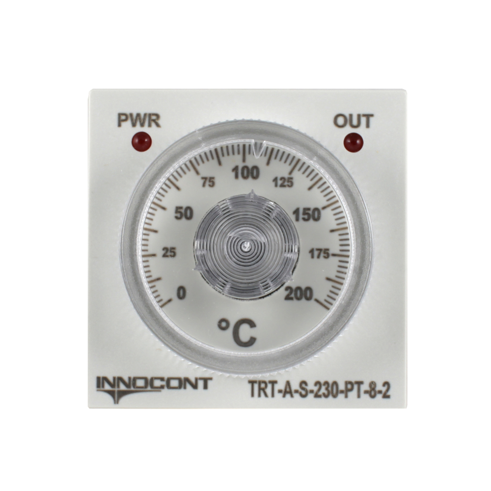 Температурный контроллер INNOCONT TRT-A-S-230-PT-8-2 с аналоговым управлением, 48х48х82 мм,вход Pt100, 0...200C, выход реле, ON/OFF, 230VAC, электросоединение под розетку 8pin