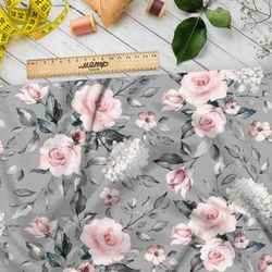 Ткань футер 2-х нитка бело-розовые цветы на сером