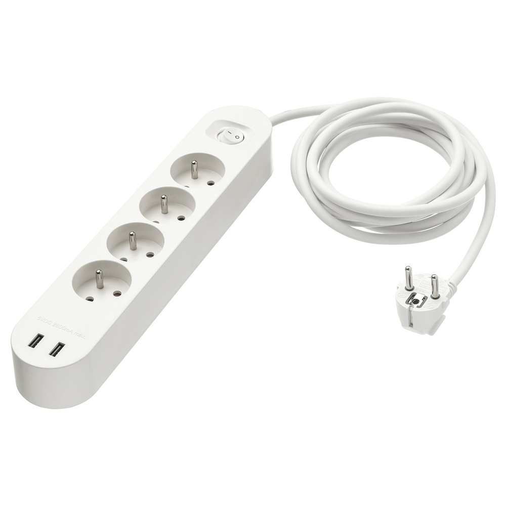 IKEA KOPPLA  (ИКЕА КОППЛА)  -  Удлинитель 4 розетки/2 порта USB - белый 3.0 м