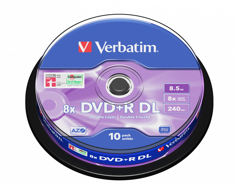 Оптический диск Verbatim DVD+R DL 8.5GB 8X AZO Matt Silver, Spindle, 10 шт