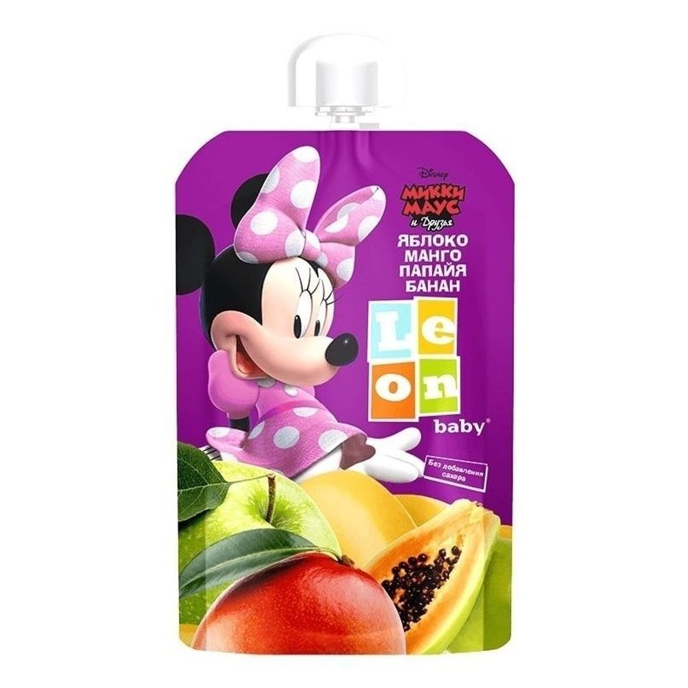 Детское пюре LEON BABY из яблок, манго, папайи и бананов Disney Минни Маус с 6 мес. 90гр