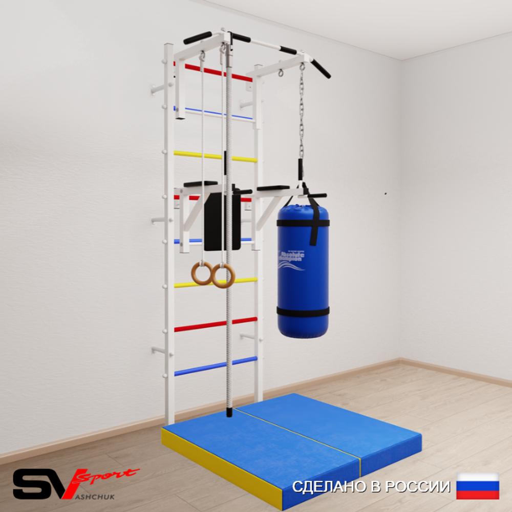 Шведская стенка Sv Sport усиленная 6747 (Турник стандарт/Брусья/Канат/Кольца/Цепь/Мешок 30кг/Мат 1м)