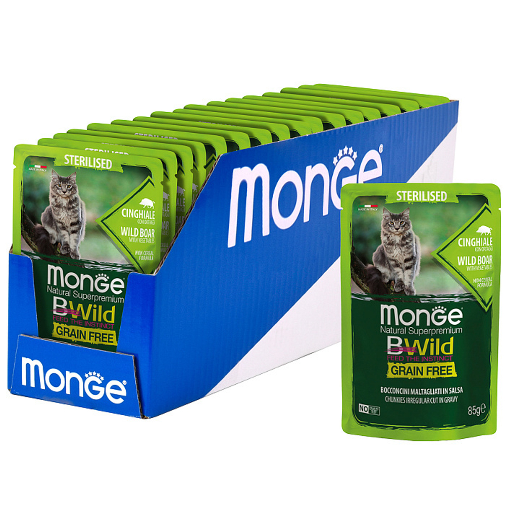 Влажный корм Monge Cat BWild GRAIN FREE для стерилизованных кошек, беззерновой, из мяса дикого кабана с овощами, паучи 85 г - 28 шт