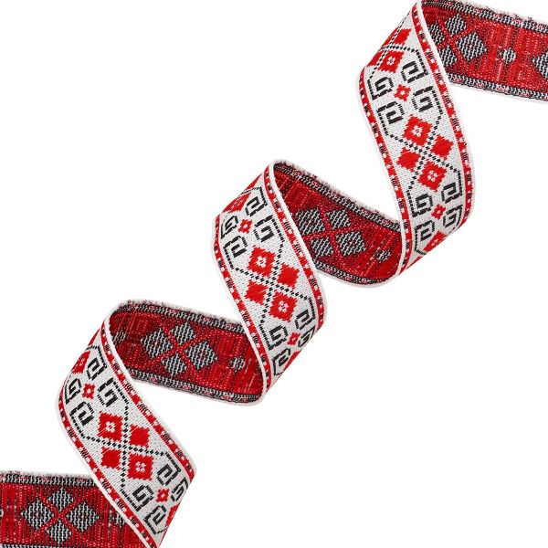 Лента (тесьма) жаккардовая 24.0 мм / 25±1 метров, Славянский орнамент Оберег, рис.9456 белый/красный, С3772Г17