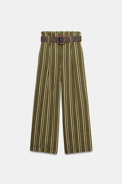 ZARA БРЮКИ В ПОЛОСКУ С РЕМНЕМ, ЭКРЮ/ЗЕЛЕНЫЙ