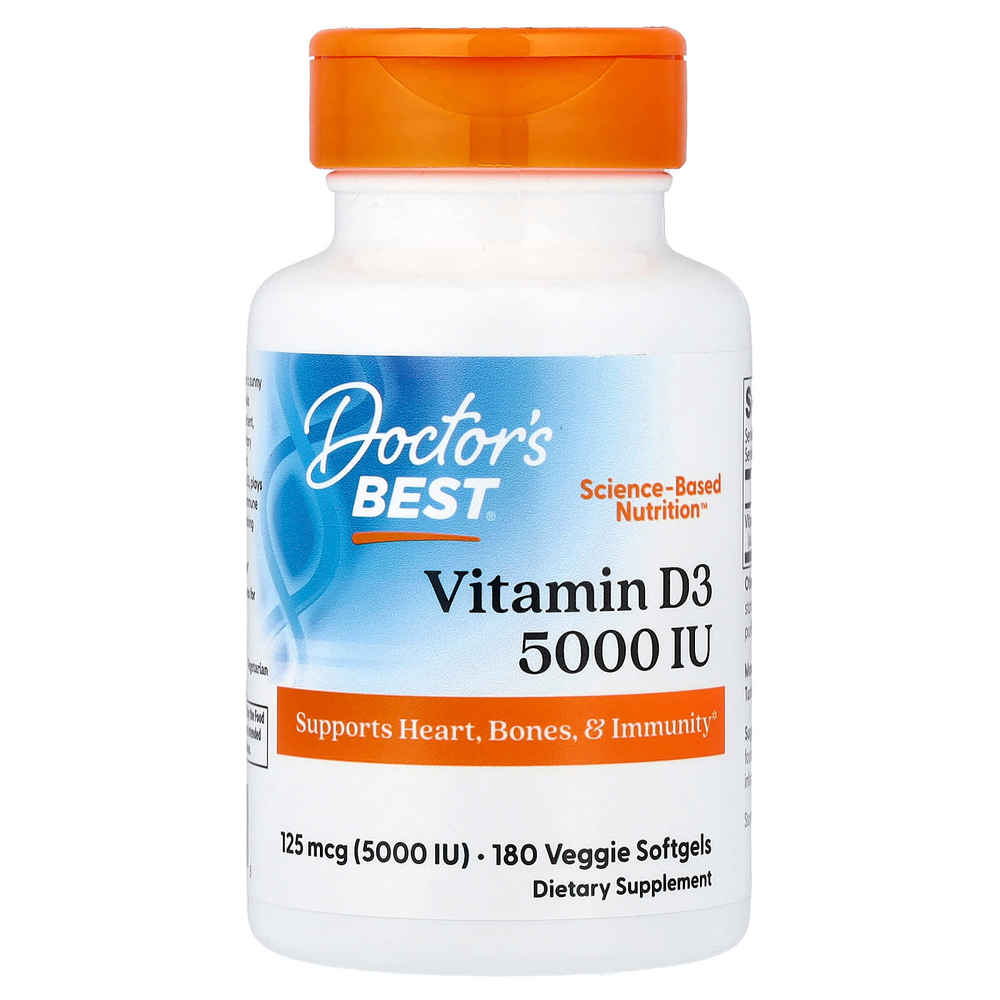 Doctor's Best, витамин D3, 125 мкг (5000 МЕ), 180 растительных капсул