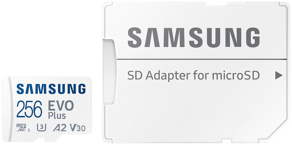 Карта памяти Samsung EVO Plus microSDXC 256 ГБ Class 10, V30, A2, UHS-I U3, R 130 МБ/с, адаптер на SD