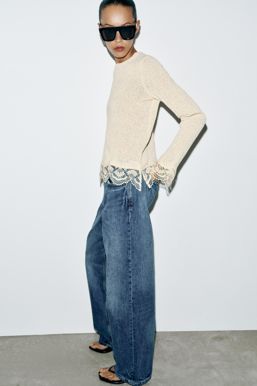 ZARA КРУЖЕВНОЙ ТОП, ЭКРЮ