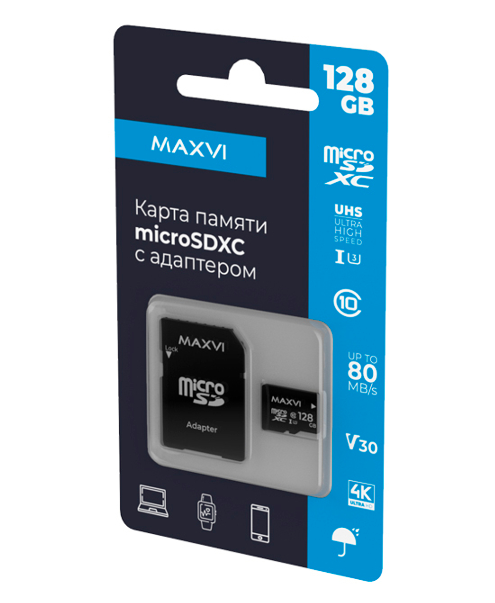 Карта памяти Maxvi microSDXC 128GB, class 10, UHS-I (3), V30 (MSD128GBC10V30)