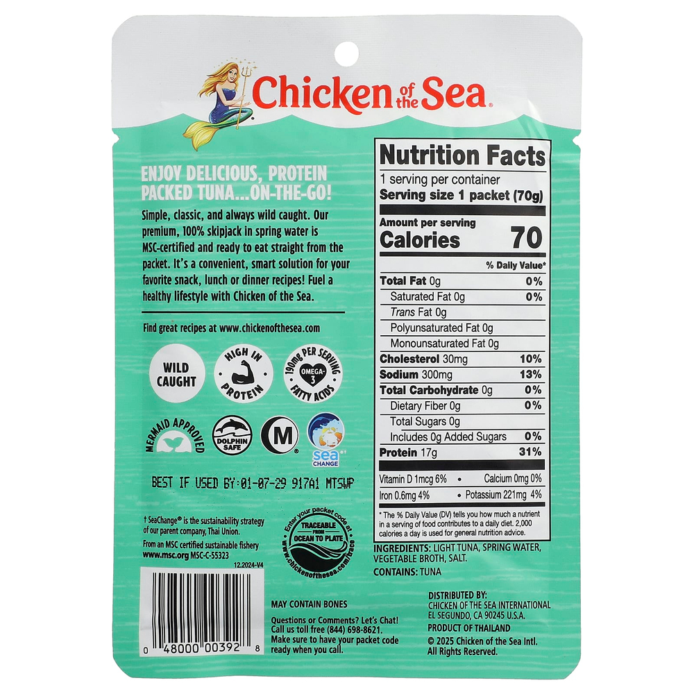 Chicken of the Sea, Дикий светлый тунец в родниковой воде, 70 г (2,5 унции)