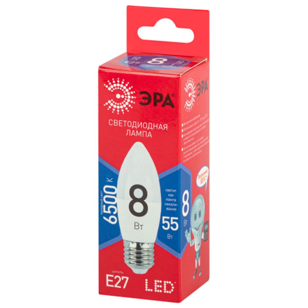 Лампа светодиодная ЭРА RED LINE LED B35-8W-865-E27 R 8Вт свеча холодный дневной свет Е27 | Лампы cветодиодные Свеча (B/C)