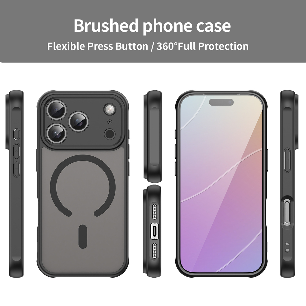 Полупрозрачный матовый чехол с MagSafe для iPhone 17 Pro, усиленные боковые рамки черного цвета