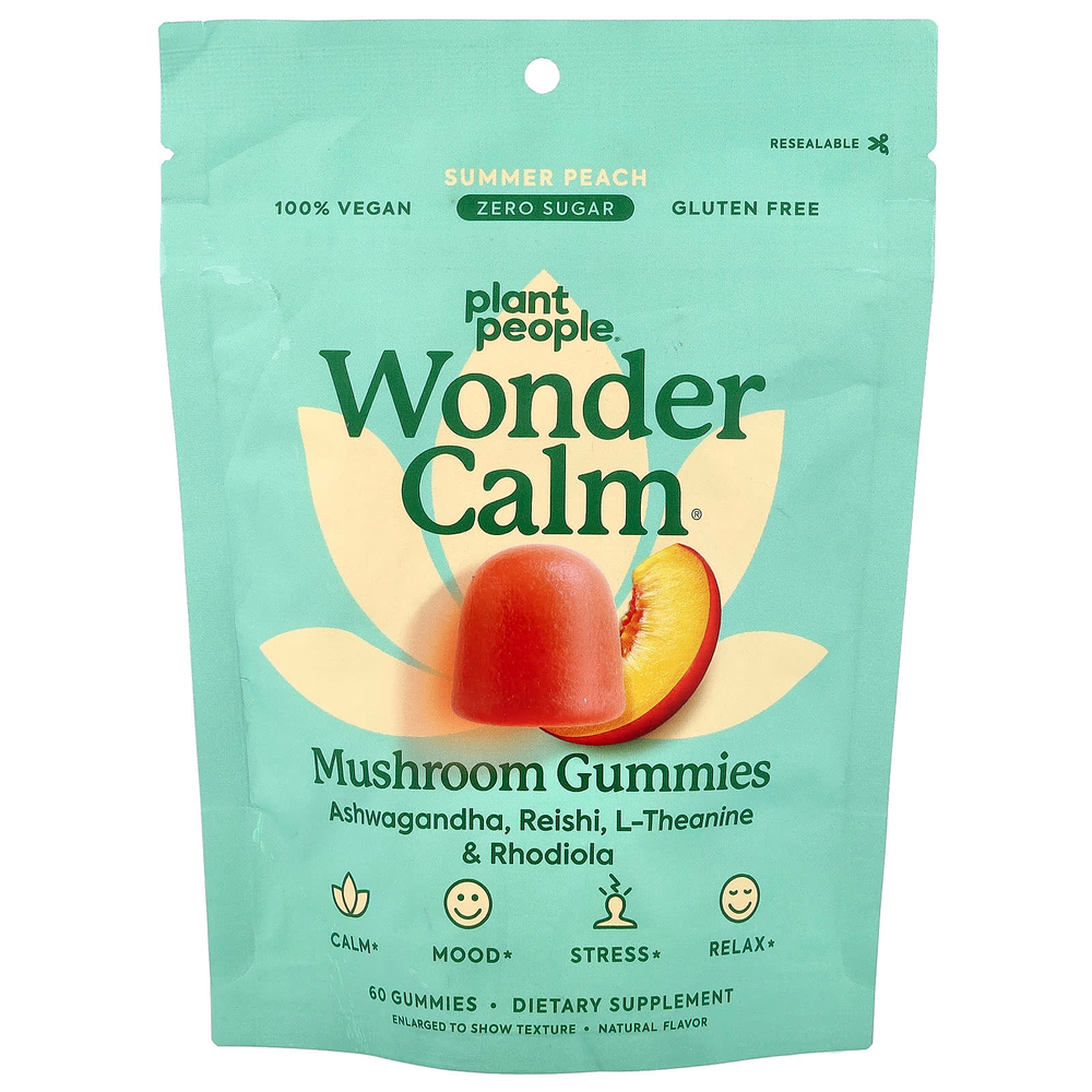 Plant People, WonderCalm®, жевательные мармеладки с грибами, летний персик, 60 жевательных таблеток