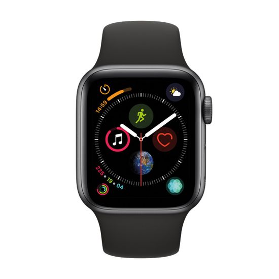 Часы смарт Apple Watch Серия 4, 40мм из алюминия цвета «серый космос», спортивный ремешок чёрного цвета
