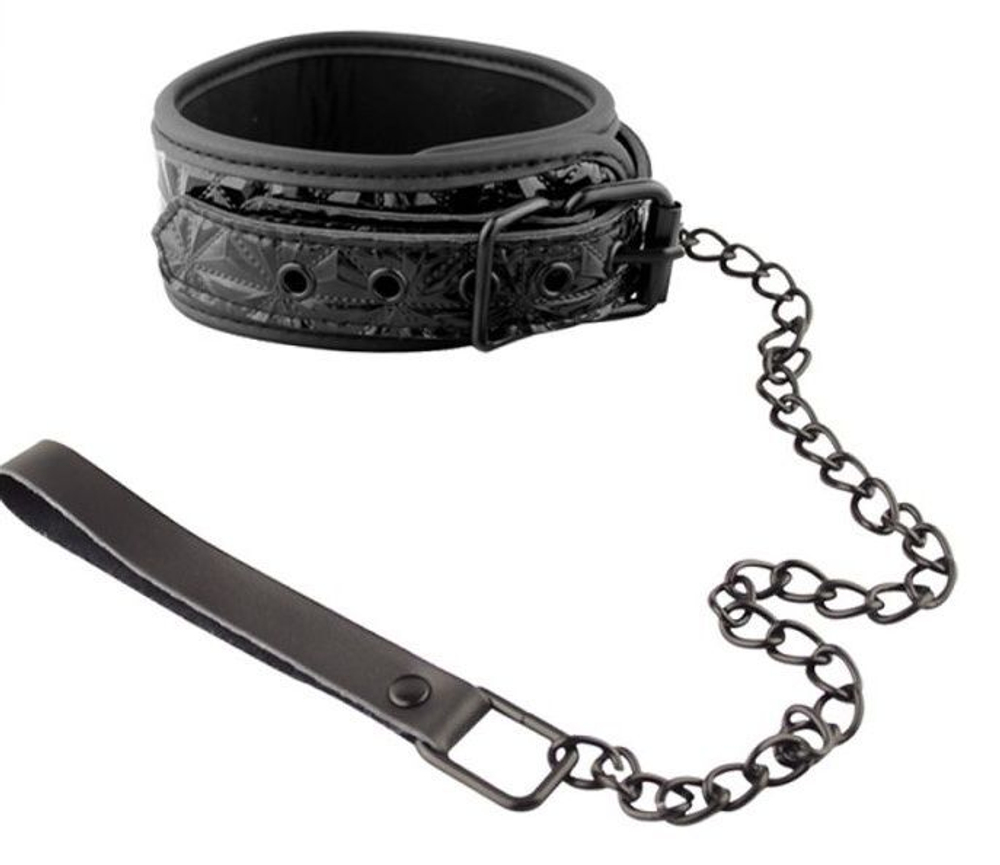 Чёрный кожаный ошейник с поводком Collar With Leash (Цвет: черный)