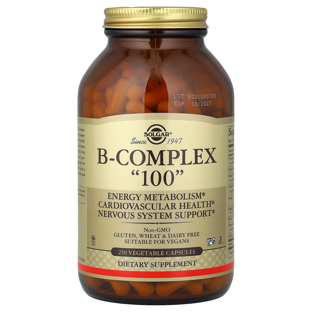Solgar, B-Complex 100, витамины группы B, 250 растительных капсул
