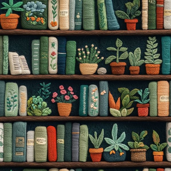 ВЯЗАНЫЕ ПОЛКИ, ЦВЕТЫ И КНИГИ, отрез 50 см, 100% хлопок, есть дефект в описании 1