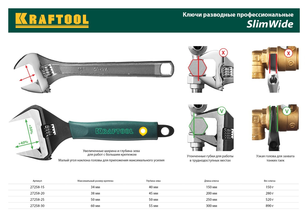 KRAFTOOL SlimWide, 300/60 мм, разводной ключ (27258-30)