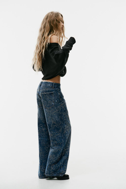 ZARA ДЖИНСЫ TRF BAGGY FIT СО СРЕДНЕЙ ПОСАДКОЙ И СТРАЗАМИ, СИНИЙ