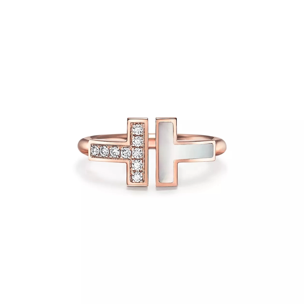 Кольцо из розового золота 18k с перламутром и бриллиантами, Tiffany 💠 T wire- В наличии