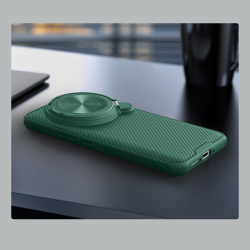 Чехол зеленого цвета (Deep Green) от Nillkin на Xiaomi 14 Ultra с металлической откидной крышкой и поддержкой магнитной беспроводной зарядки MagSafe, серия CamShield Prop Magnetic Case