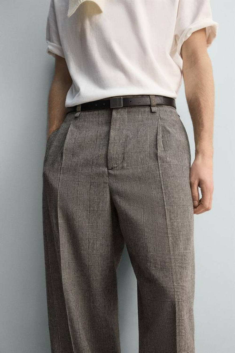 ZARA БРЮКИ RELAXED FIT В КЛЕТКУ, БЕЖЕВЫЙ