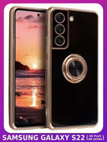 Стильный глянцевый чехол для SAMSUNG GALAXY S22 (не ULTRA/ FE/ PLUS!) с кольцом-подставкой и бархатной подкладкой