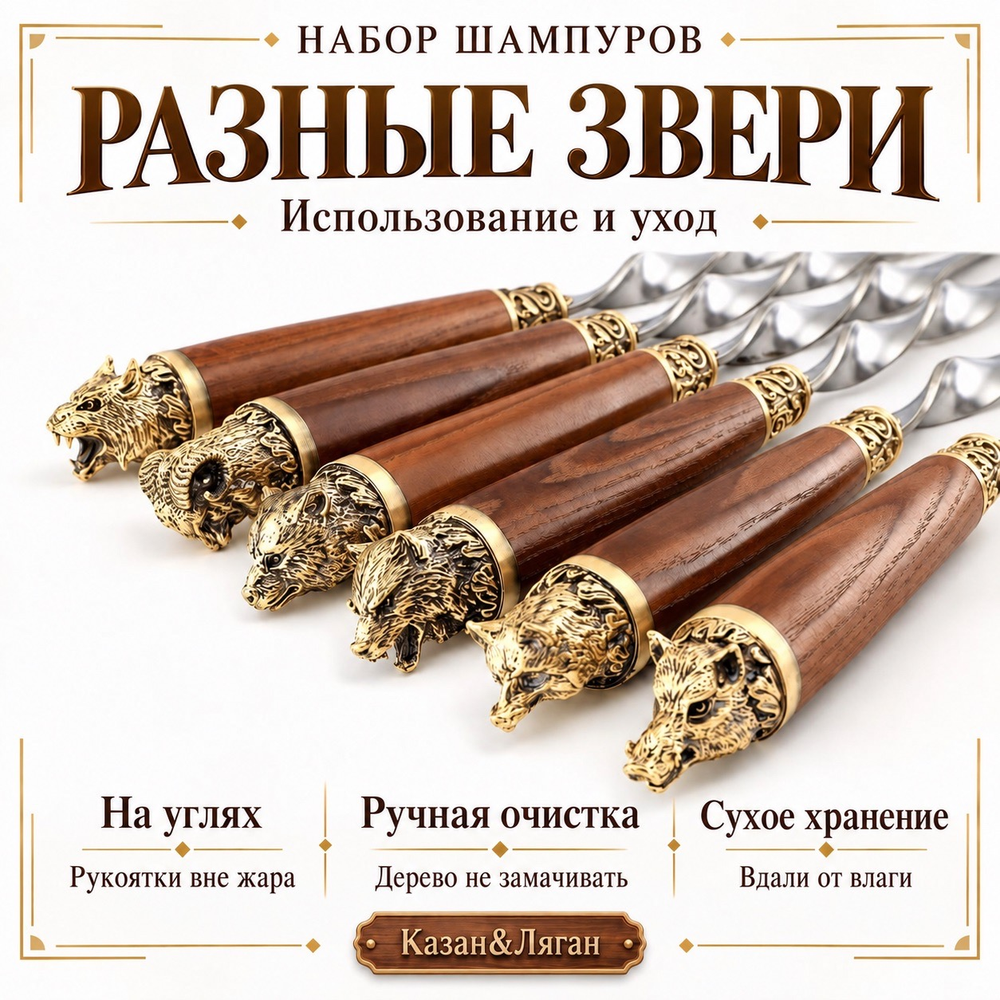 Набор шампуров "Разные звери" плоская рукоятка