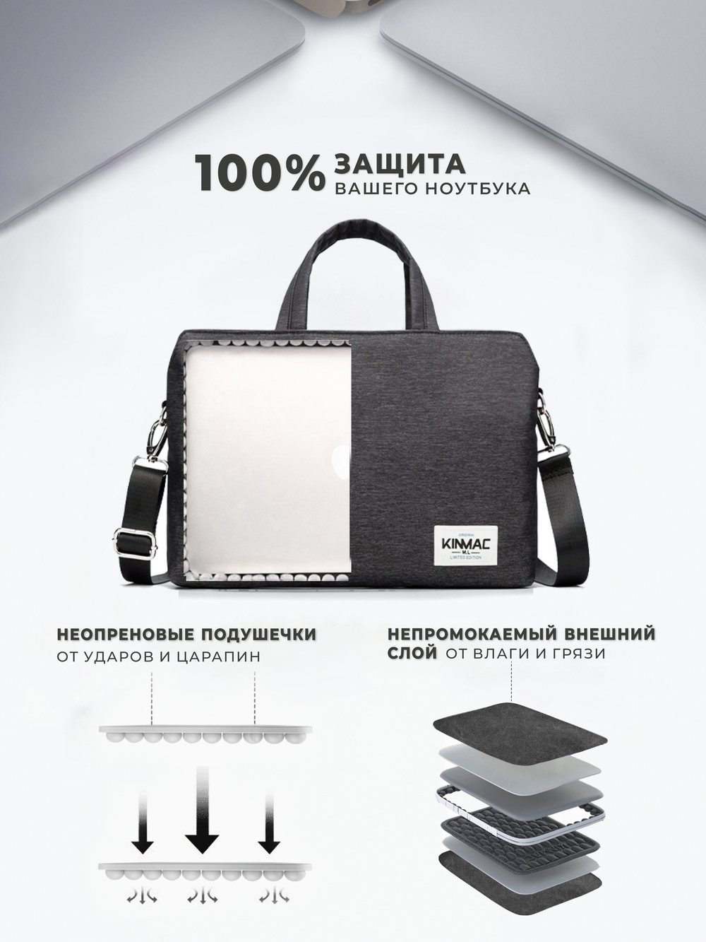 Сумка для ноутбука 15,6" и 17" с ремнем на плечо и 3 отделениями (Серый)