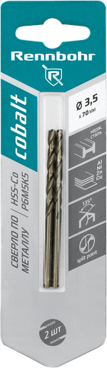 Сверло по металлу, ЦХ, 3,5х70мм, HSS-Co, Р6М5К5, 2шт/уп, RENNBOHR COBALT CARD