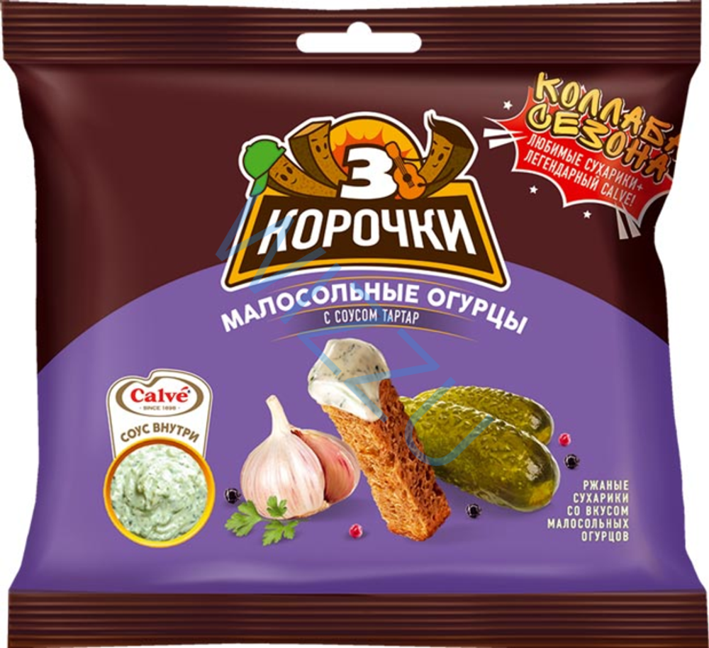 Сухарики Три Корочки ржаные малосольн огурцы+соус 60г+25г тар тар
