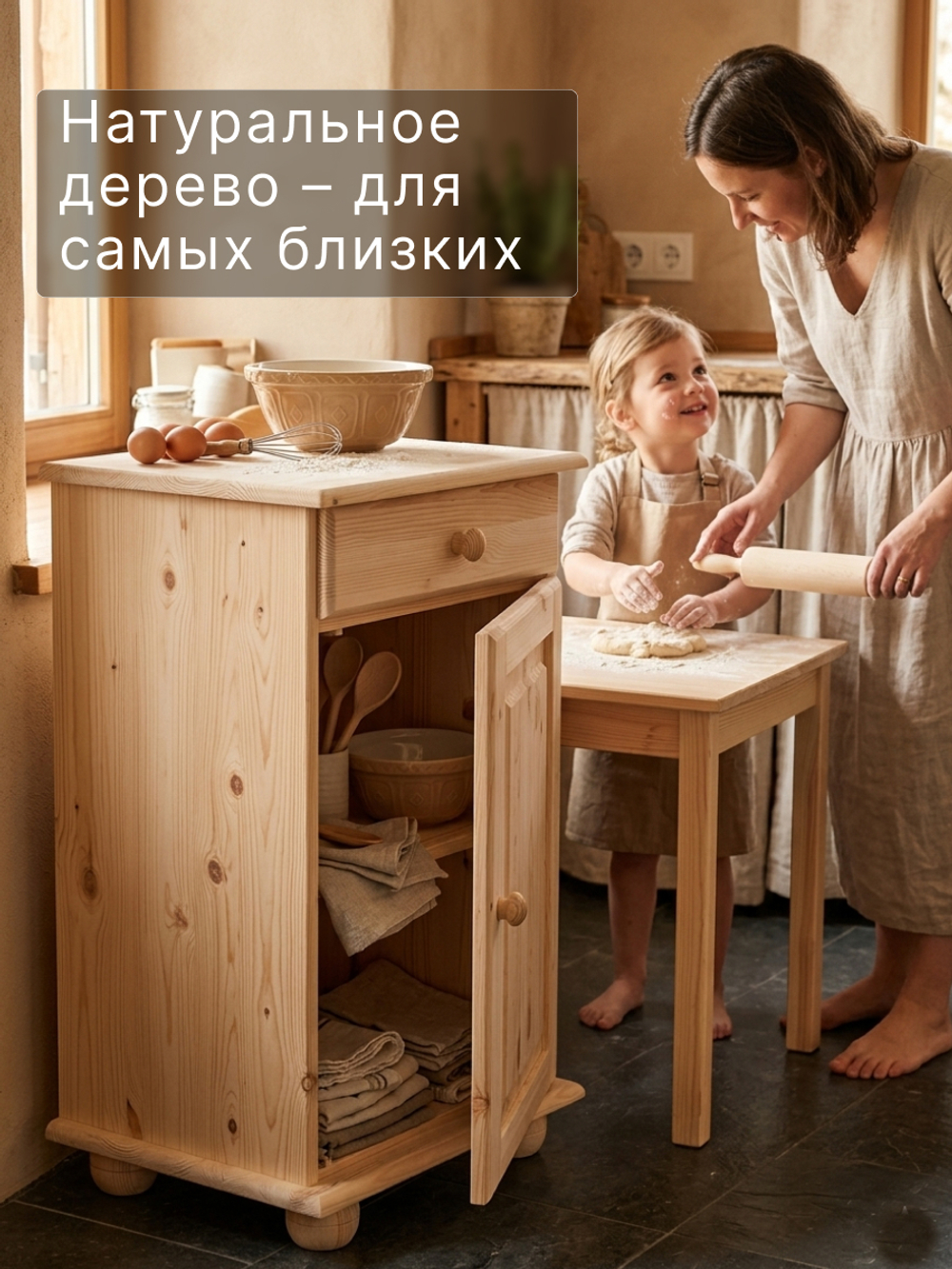 Тумба, 48х39х81, Лена, однодверная, из массива дерева, с ящиком, буфет для кухни, лак