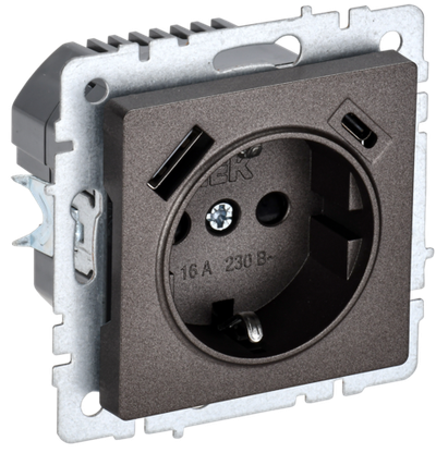 BRITE Розетка 1-местная с заземлением с защитными шторками 16А с USB A+C 18Вт РЮш11-1-БрТБ темная бронза IEK