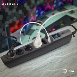 Сетевой фильтр ЭРА SFU-5es-2m-B с надежной защитой с заземлением с выключателем 5 розеток 2м 2xUSB 10А черный | Электротовары